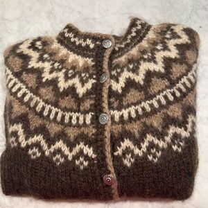 Brown and Cream Women's Cardigan Sweater